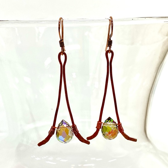 HANDMADE Faceted Austrian Crystal Hand Wrapped Pure Copper Dangle Earrings, Gift - Picture 10 of 10